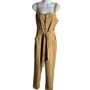 Shein Button Up Faux Suede Jumpsuit L Tan Pockets Adjustable Straps Pockets